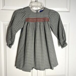 Maison Me Homespun Dress Girl 6Y Green Beige Plaid Cotton Smocked Cottagecore